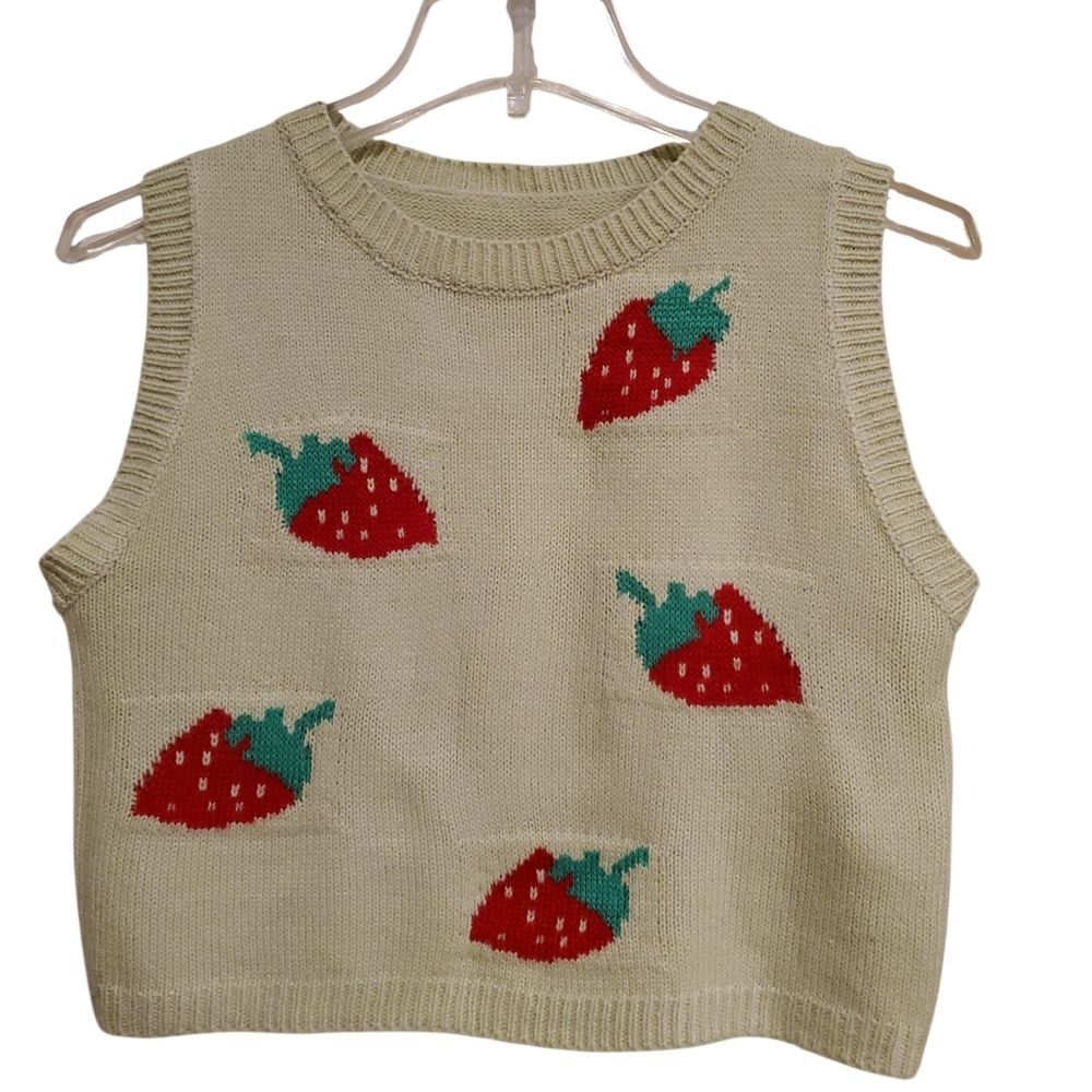 Strawberry Patterned Pale Green Sleeveless Sweater Vest Size S Small
